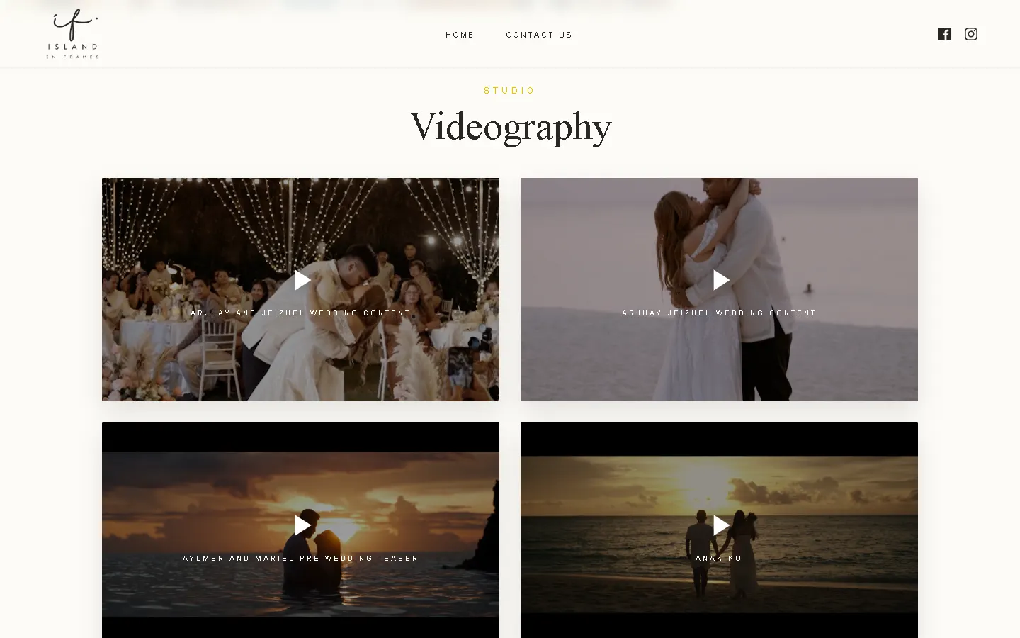 The Videography section: a grid of wedding and pre-wedding films, each with a play button
