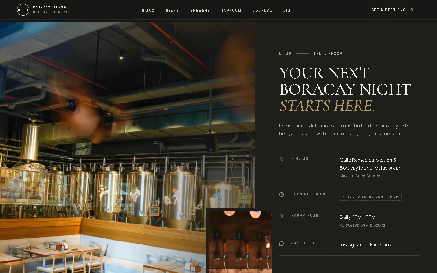 The taproom section, with the brewing tanks beside the address, happy hour and directions