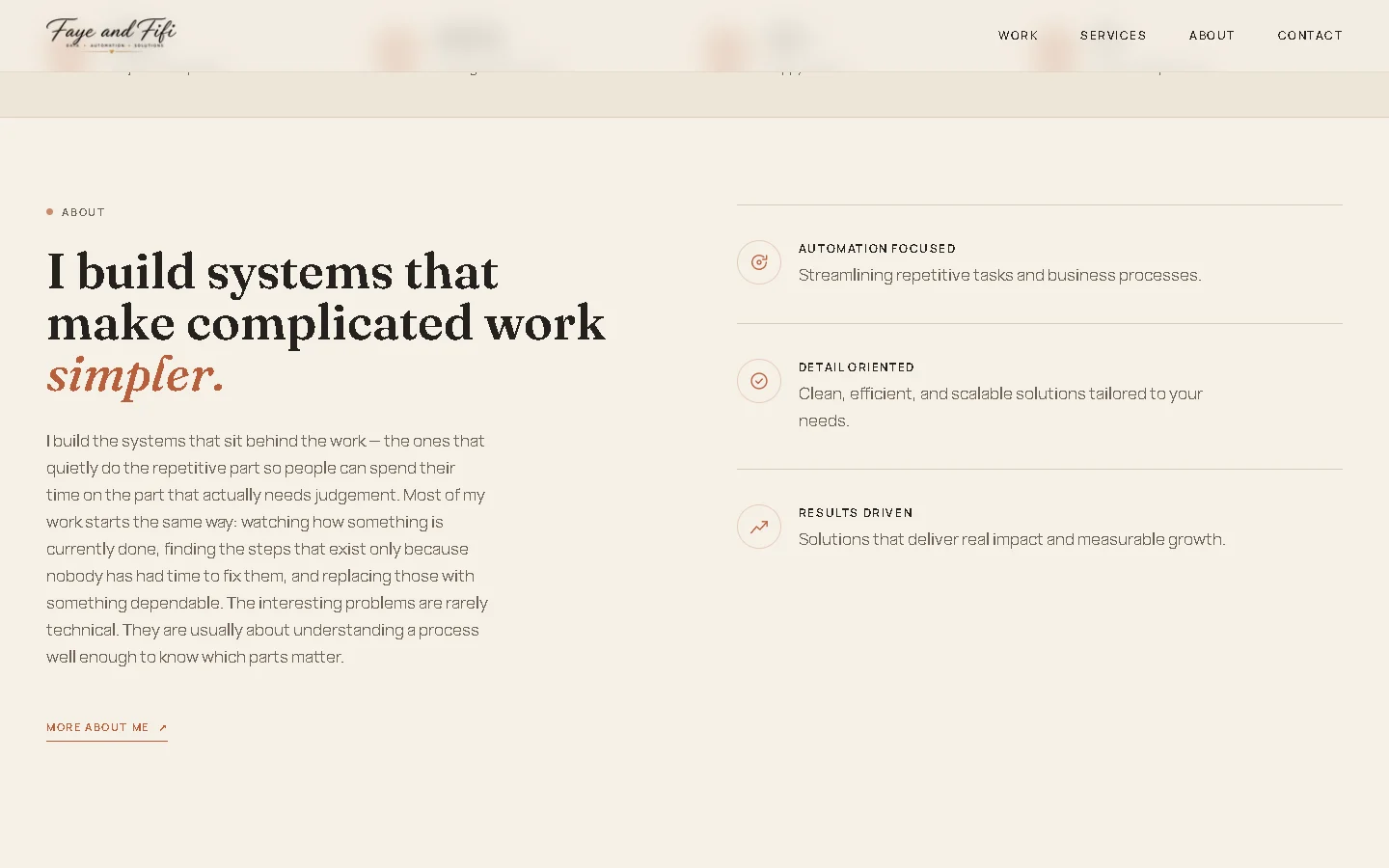 The about section: I build systems that make complicated work simpler, with three strengths listed beside it
