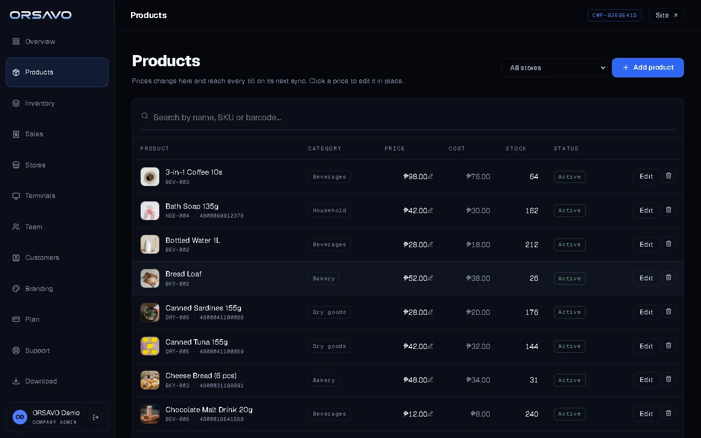 The products screen, with photos, categories, prices, cost and stock for every item